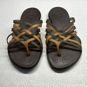 Crocs Huarache Flip Flop Thong Sandals Size 9 Brown and Gold